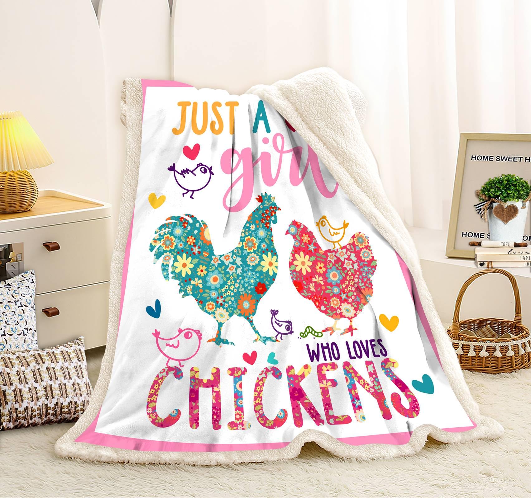Chicken Blanket,Chicken Decor Gift Blanket,Just A Girl Who Loves Chickens Soft Rooster Throw Bedding Gifts for Kids Boys Girls Adults 60
