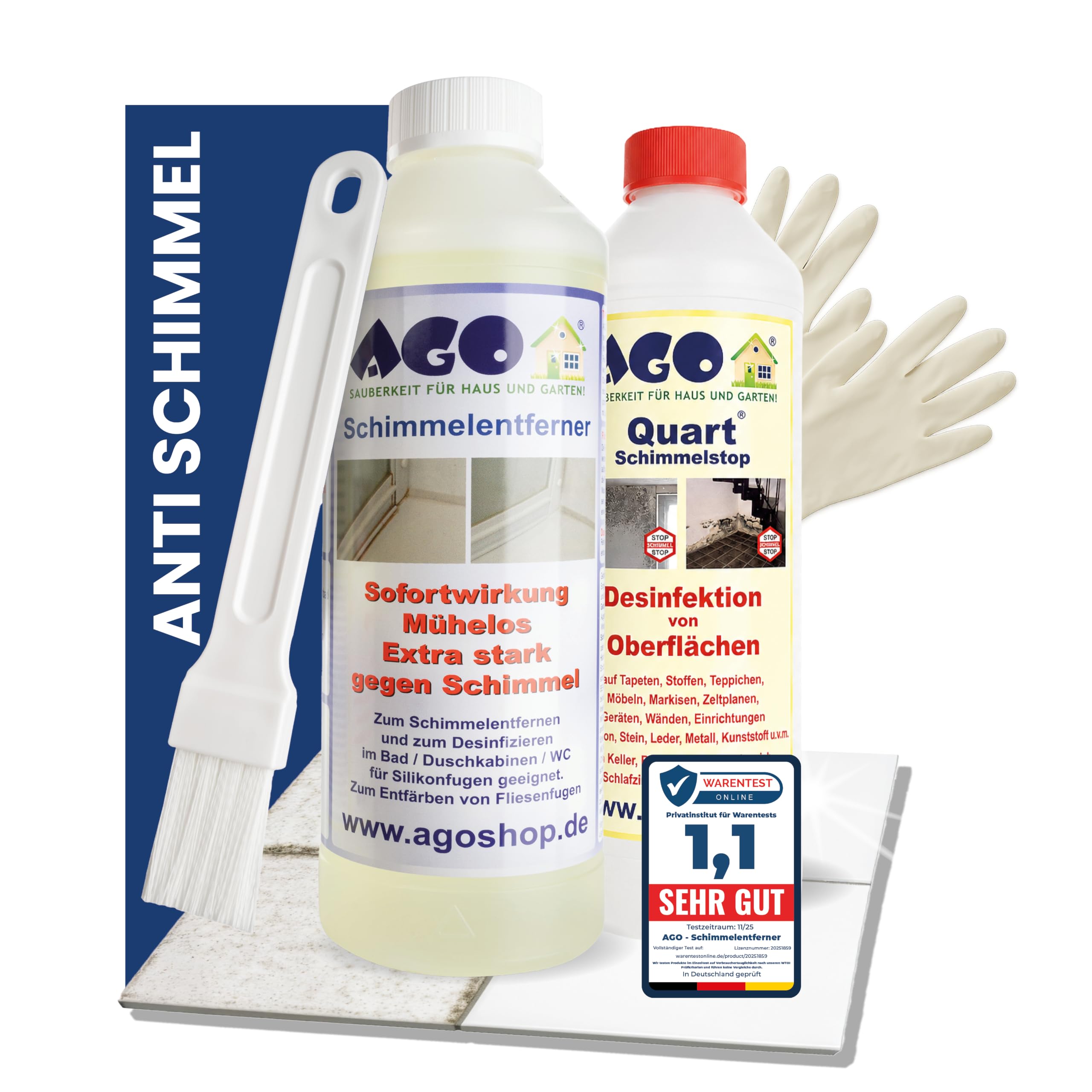 AGO Set Schimmelentferner & Schimmelstop je 500ml/ hochkonzentriertes Anti Schimmel Mittel mit Pinsel & Handschuhen – stärker als herkömmliche Sprühreiniger Drogerie & Körperpflege