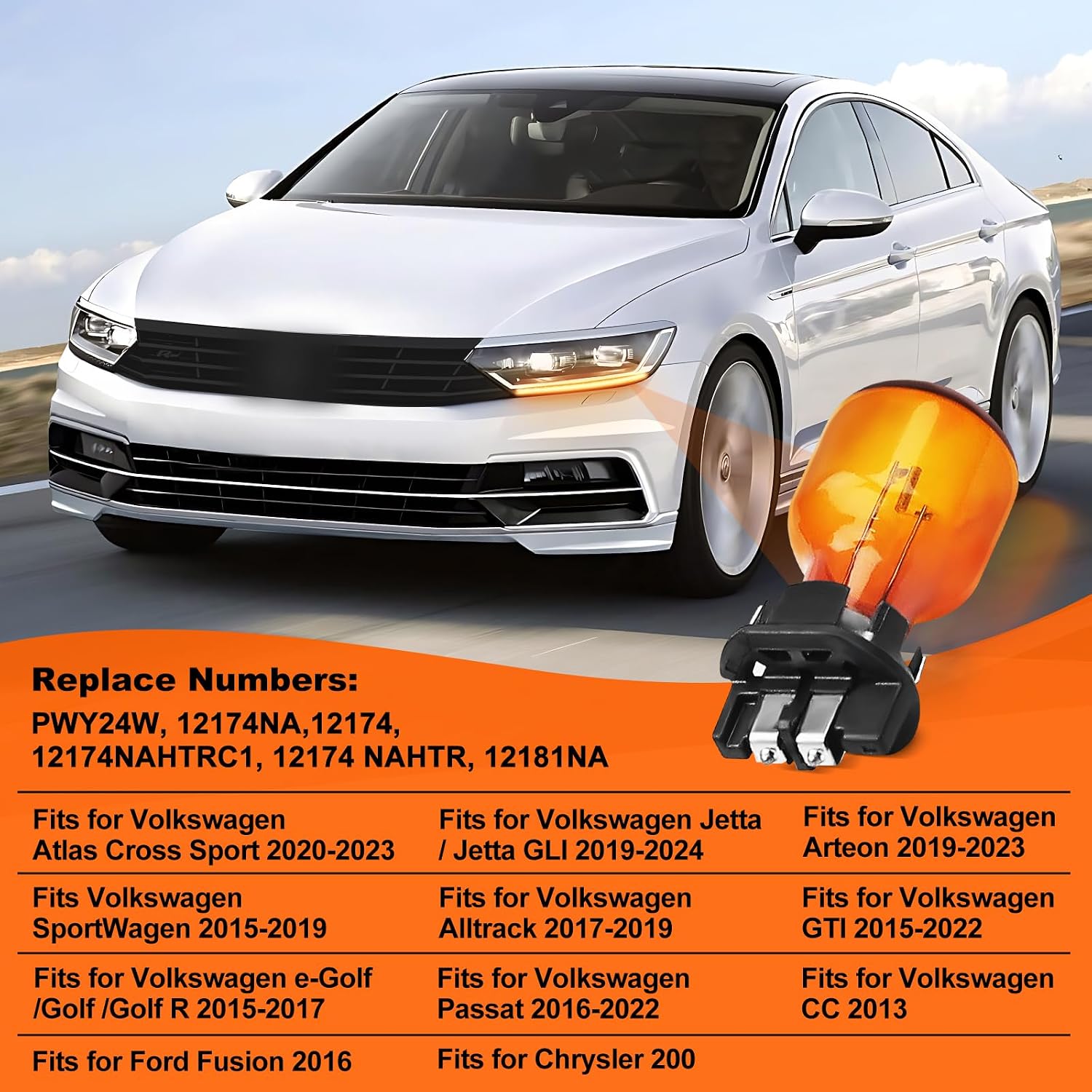 (2 Pack) PWY24W 12174NA Turn Signal Light Bulbs 12V 24W Replacement for Passat 2016-2018, Lavida, 2017 Octavia, Audi A4 Q3 Q7, 2016 Ford Fusion, Mondeo, EDGE - Compatible with 12174, 12174 NAHTR