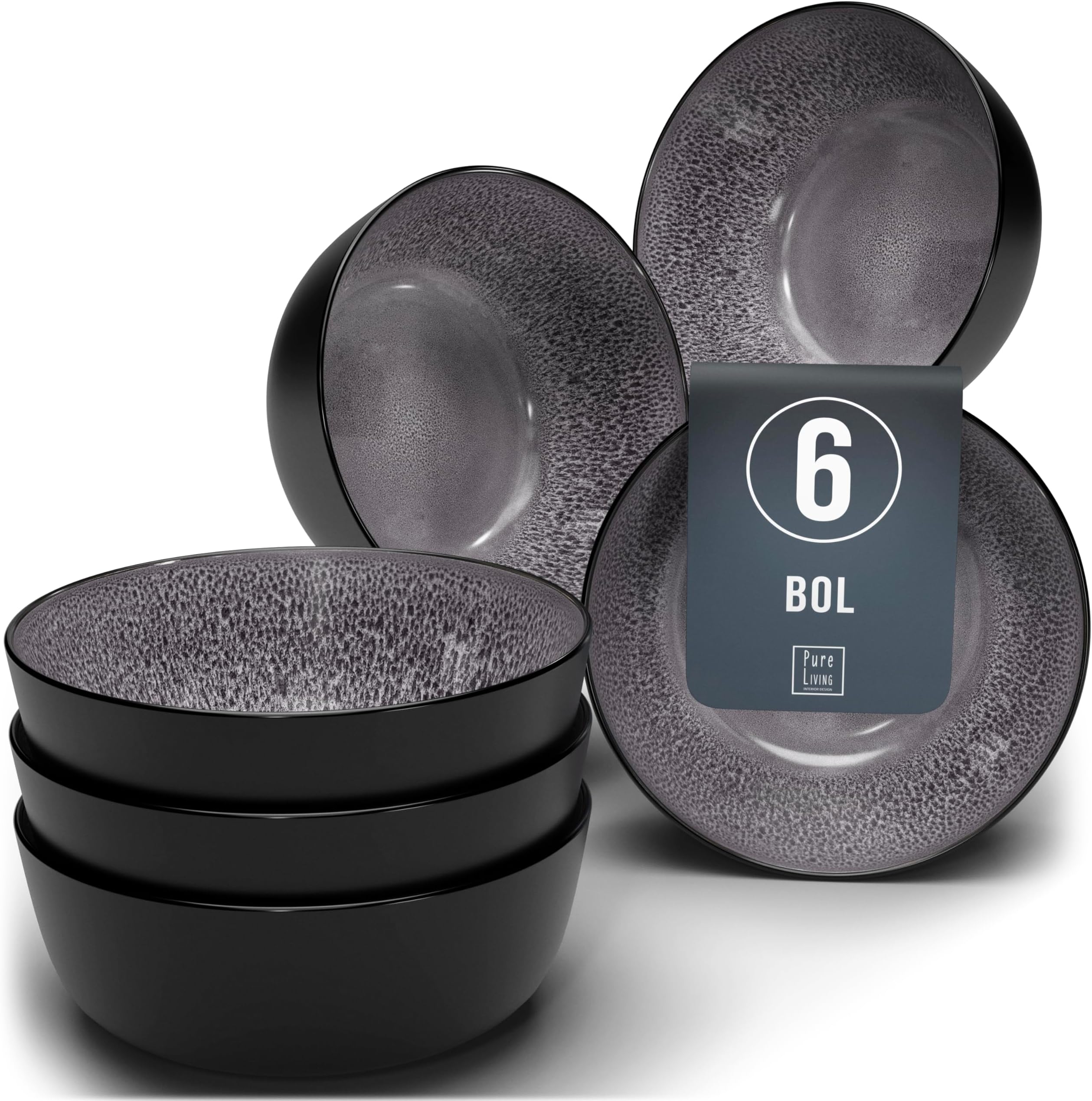 Ibiza Stoneware 6-Piece Cereal Bowl Set - Dishwasher and Microwave Safe - Cereal Bowls - Elegant Design - Dishes & Bowls - Pure Living in Dark Grey