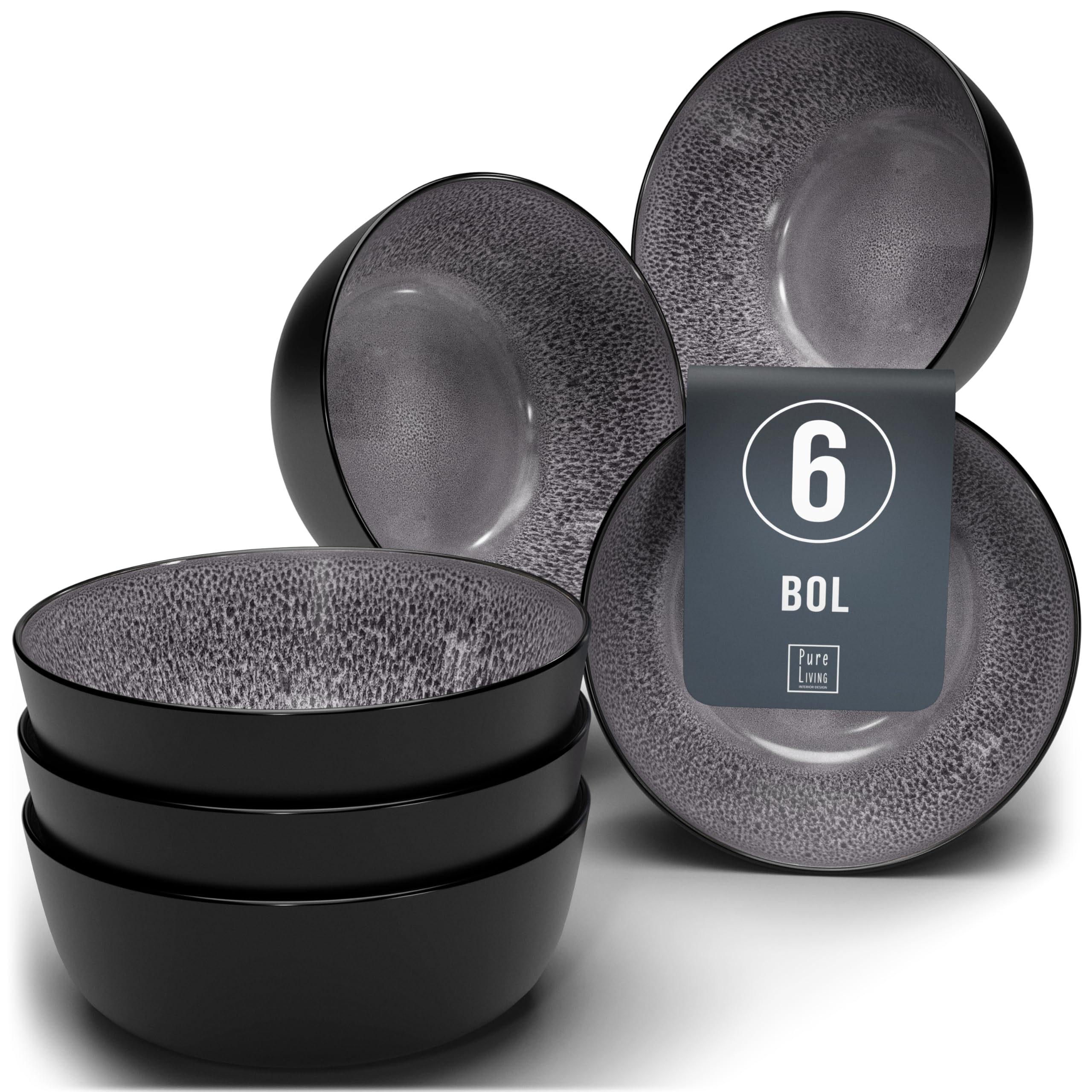 Ibiza Stoneware 6-Piece Cereal Bowl Set - Dishwasher and Microwave Safe - Cereal Bowls - Elegant Design - Dishes & Bowls - Pure Living in Dark Grey