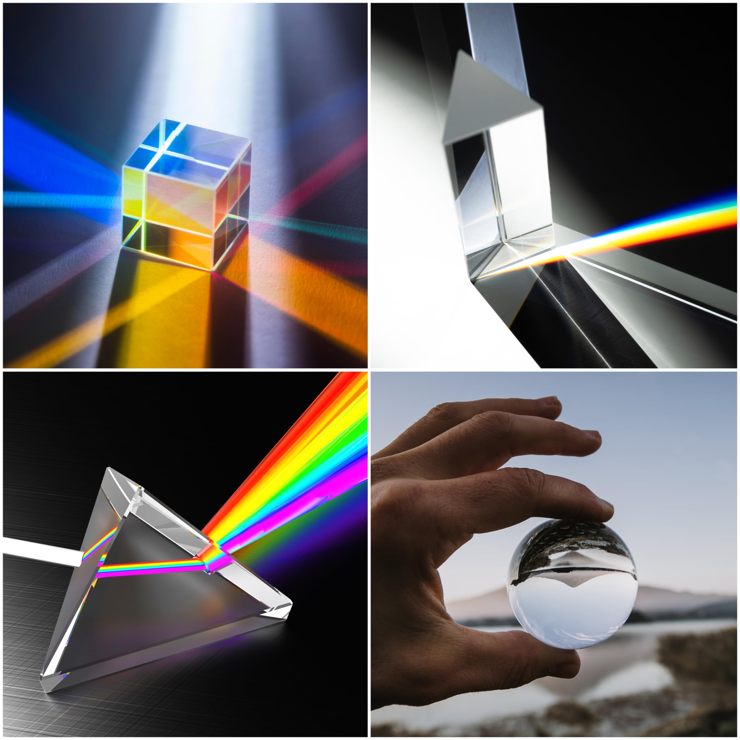 Winter Shore Juego de Fotografía de Vidrio (Pack de 4) - Prisma Triangular, Bolas de Cristal Óptico K9, Cubo, Pirámide, Accesorios Geométricos Enseñar, Jugar, Aprender, Decoracion, Fotos Creativas