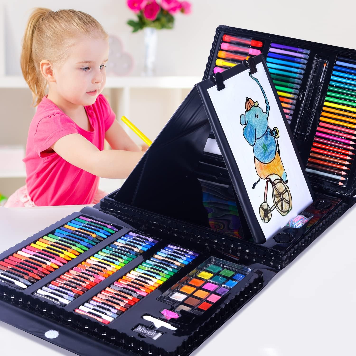 Art Supplies 208 PCS with Sided Trifold Easel,Including Colour Cakes