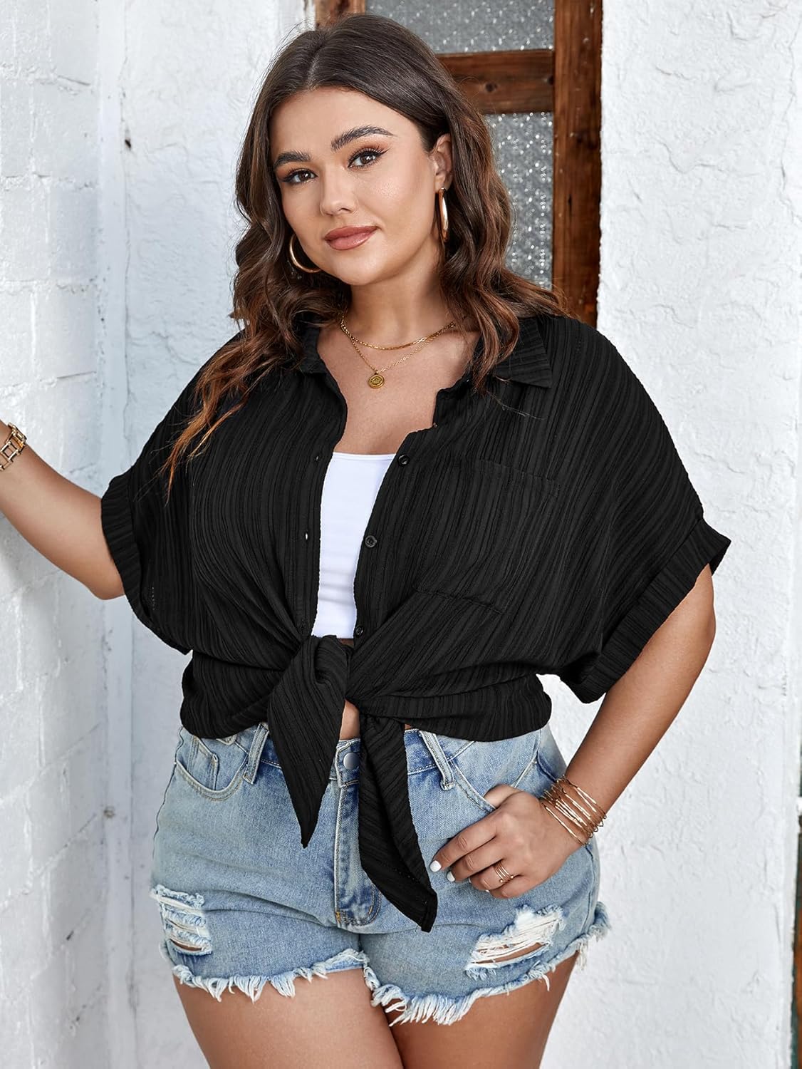 SCOMCHIC Women Plus Size Button Down Short Sleeve Shirts Collared Textured Summer Blouse Casual Tops with Pockets - Image 3
