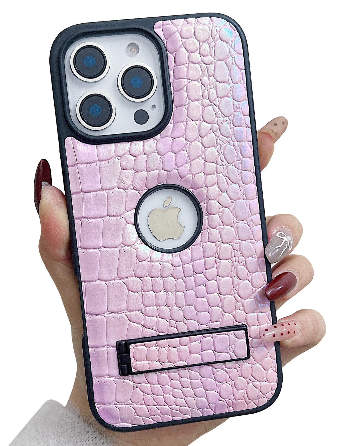 Dropcases Luxury Compatible with iPhone 13 Pro Max Case for Women Girls Crocodile Leather with Invisible Kickstand Logo View Design Shockproof