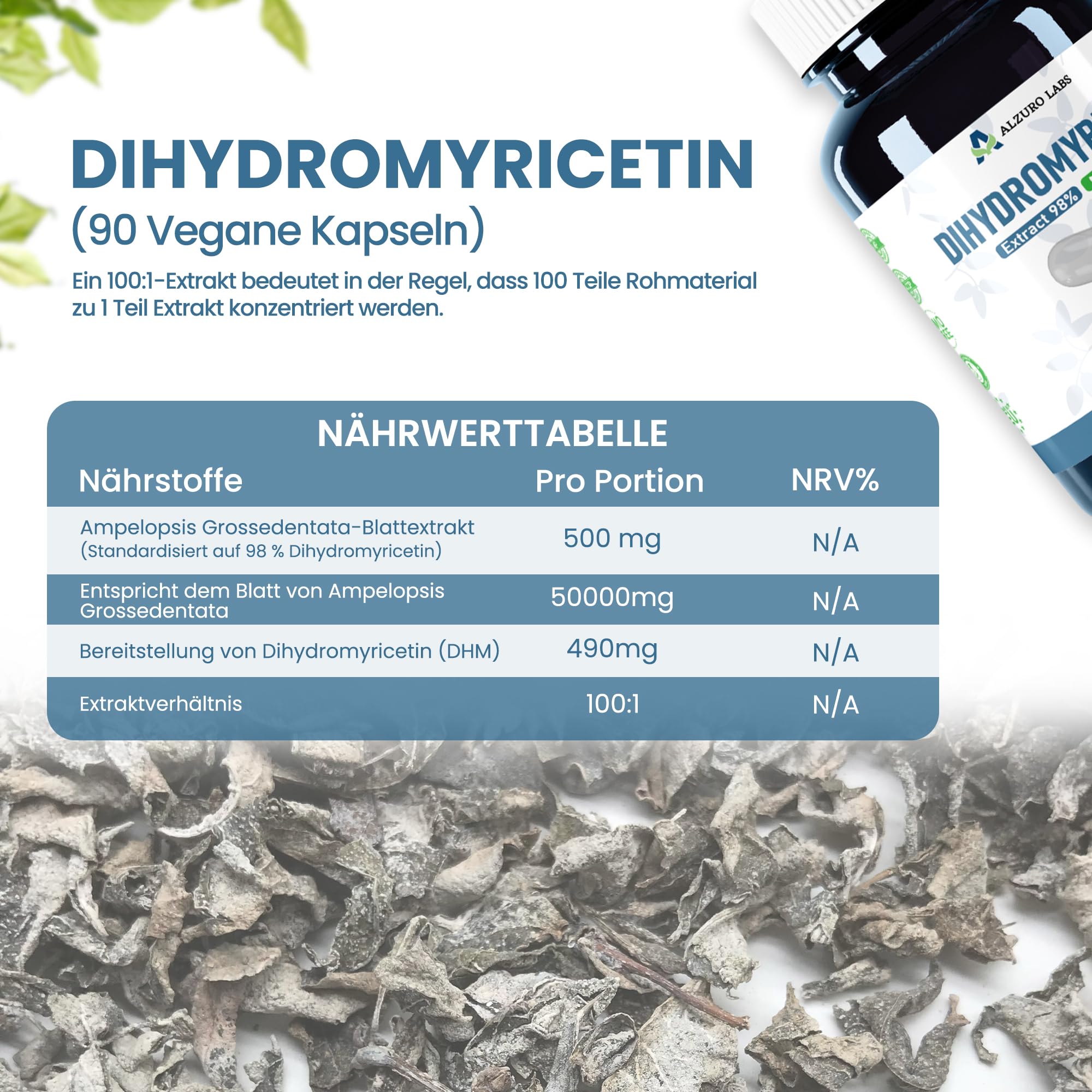 Dihydromyricetin | 50.000 mg Äquivalent | Hochdosiert 100:1 Extrakt, 98% | 90 vegane Kapseln | GMP & Laborgeprüft