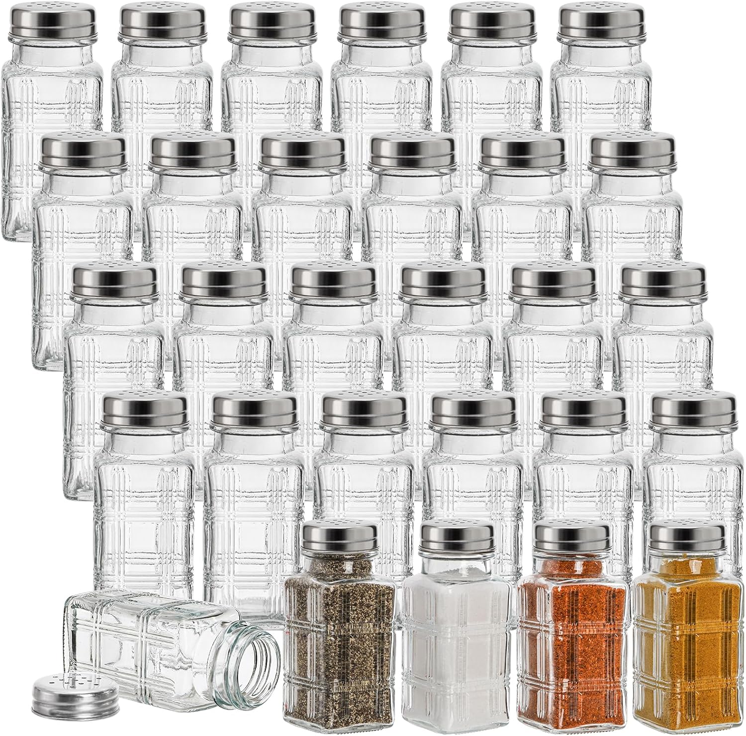 Covzoe 30 Pack Glass Salt and Pepper Shakers, 2.5 Oz Antique Spice Shakers with Metal Lid, Clear Glass Jars Kitchen Gadgets for Seasonings Home Restaurant Cooking Table