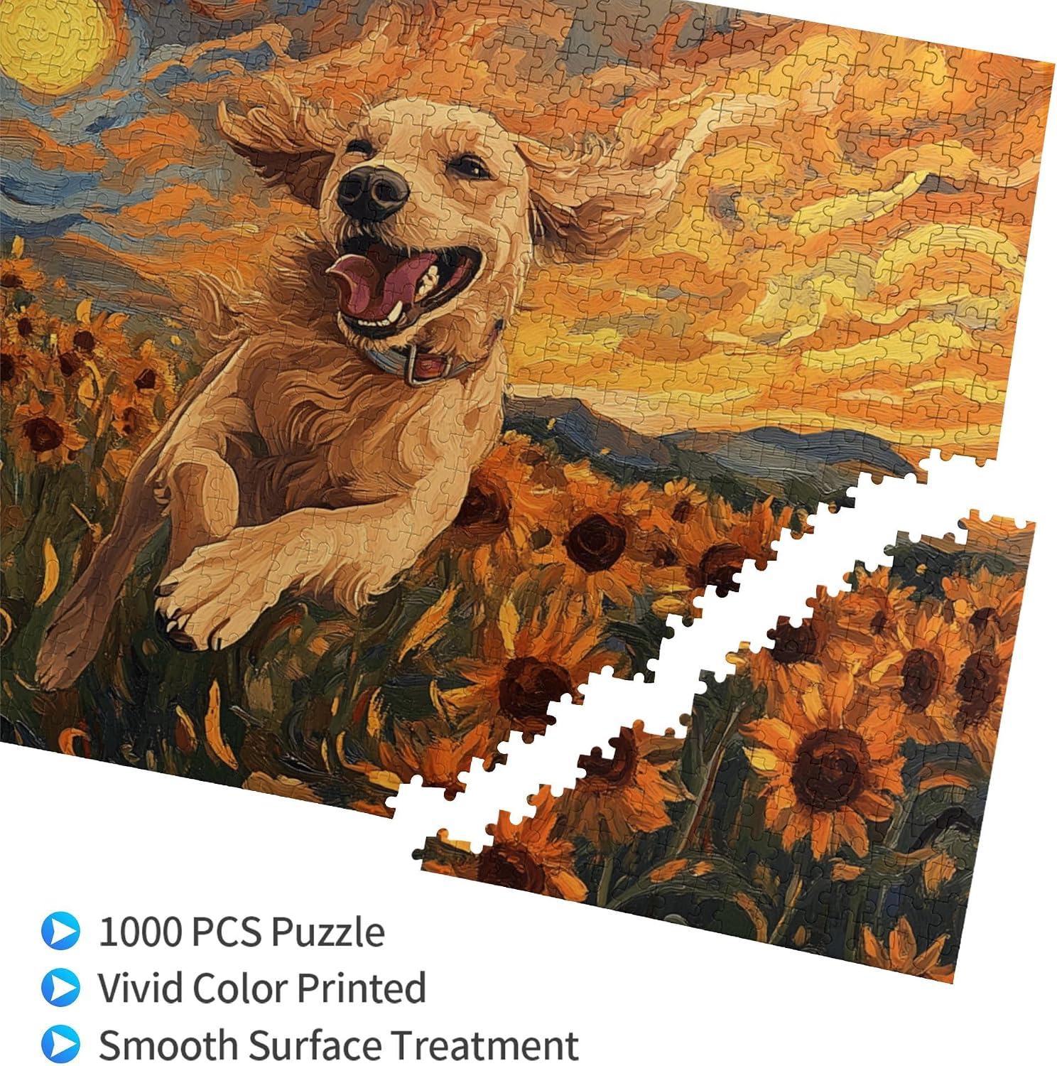 1000 Piece Sunflower Dog Puzzle – Golden Retriever Running Through Blooming Field in Starry Sky Style, Artistic Jigsaw for Adults