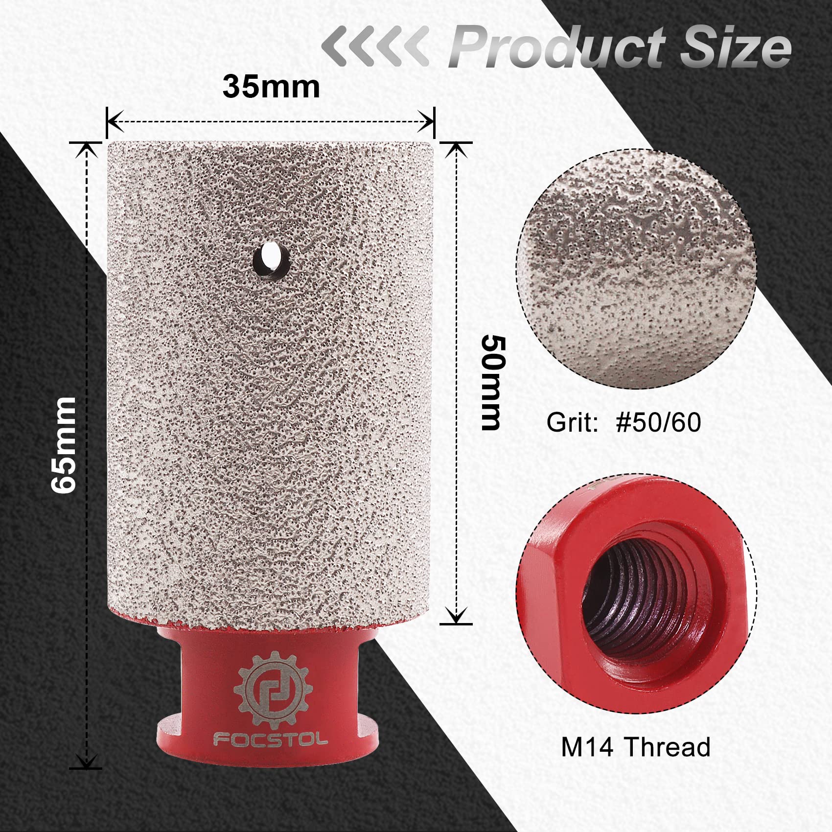 FOCSTOL Fraise Diamantée 35mm pour Agrandir, Façonner, Meule et Biseauter les Trous Existants dans Carrelage Porcelaine Céramique Granit Pierre Marbre M14 Filetage