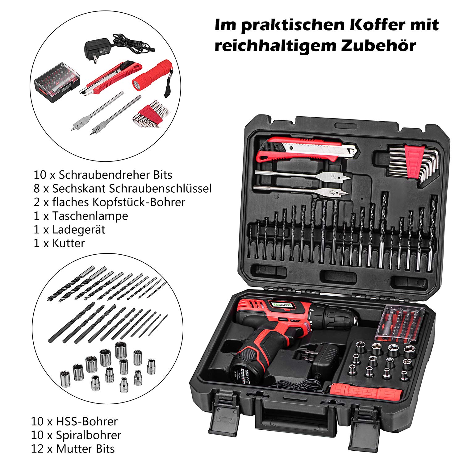 Trapano avvitatore a batteria professionale, 12 V, con accessori da 77, coppia 28 Nm, 2 marce
