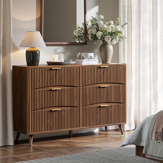 Evermagin 54 Curved Fluted 6-Drawer Dresser, Mid-Century Modern Walnut