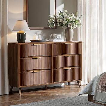 Evermagin 54 Curved Fluted 6-Drawer Dresser, Mid-Century Modern Walnut