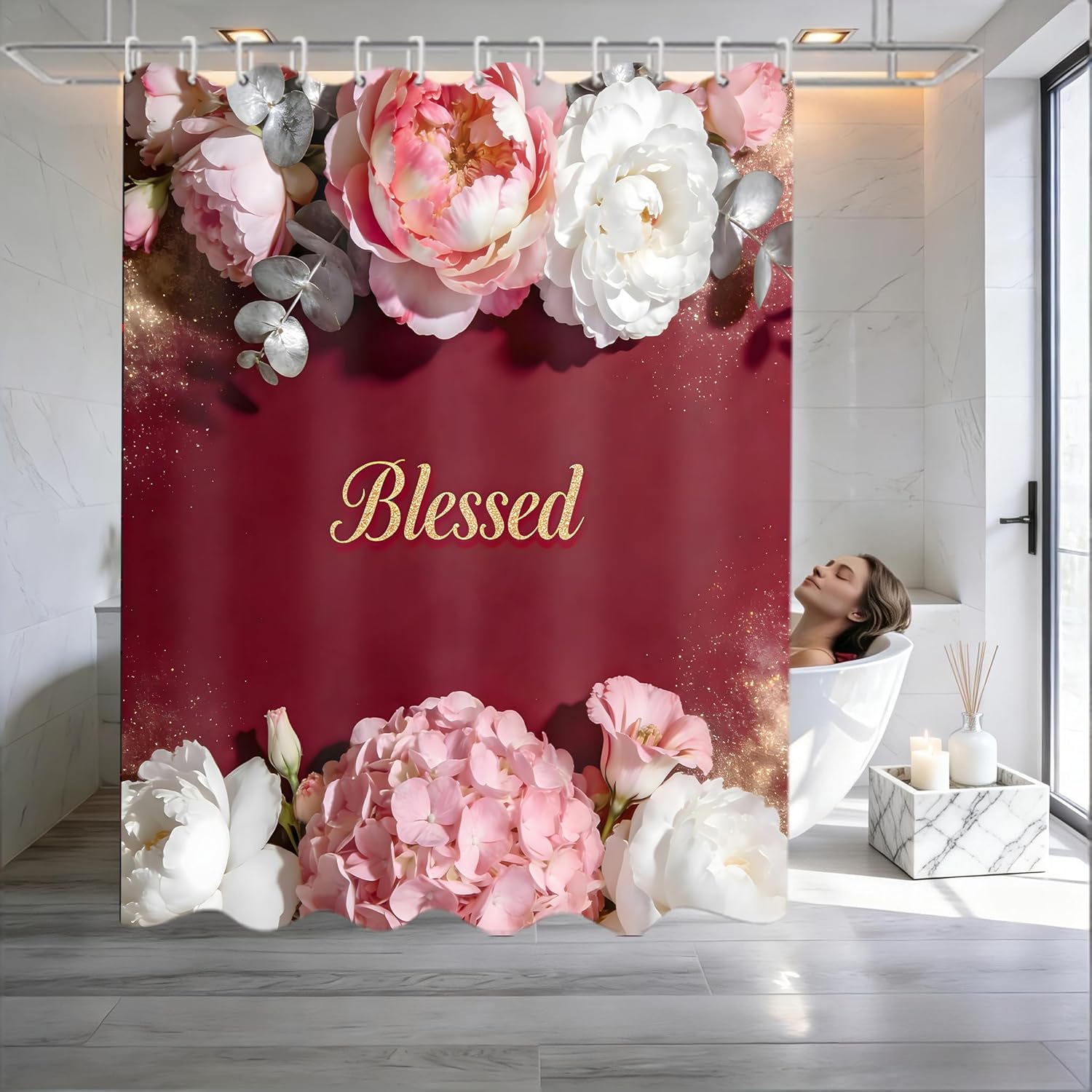 4 Piece Burgundy Floral Shower Curtain Set with Rugs, Luxury Blessed Gold Lettering Pink Peony Bathroom Decor,Waterproof Fabric Curtain, Non-Slip Bath Mat & Toilet Lid Cover