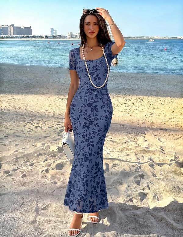 MEROKEETY Womens Summer Floral Wedding Guest Maxi Dress, Dusty Blue, L by MEROKEETY - Used condition - Image 7