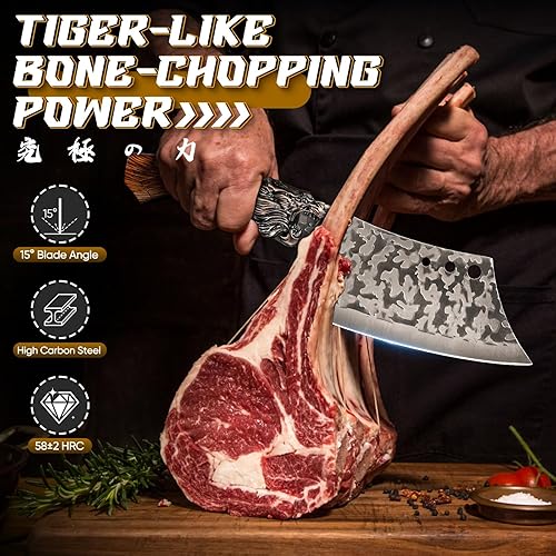 Miniatura 2 de Purple Dragon Juego de cuchillos de carnicero con cabeza de tigre, juego de 8 cuchillos de chef japoneses con bolsa de rollo, cuchillos vikingos