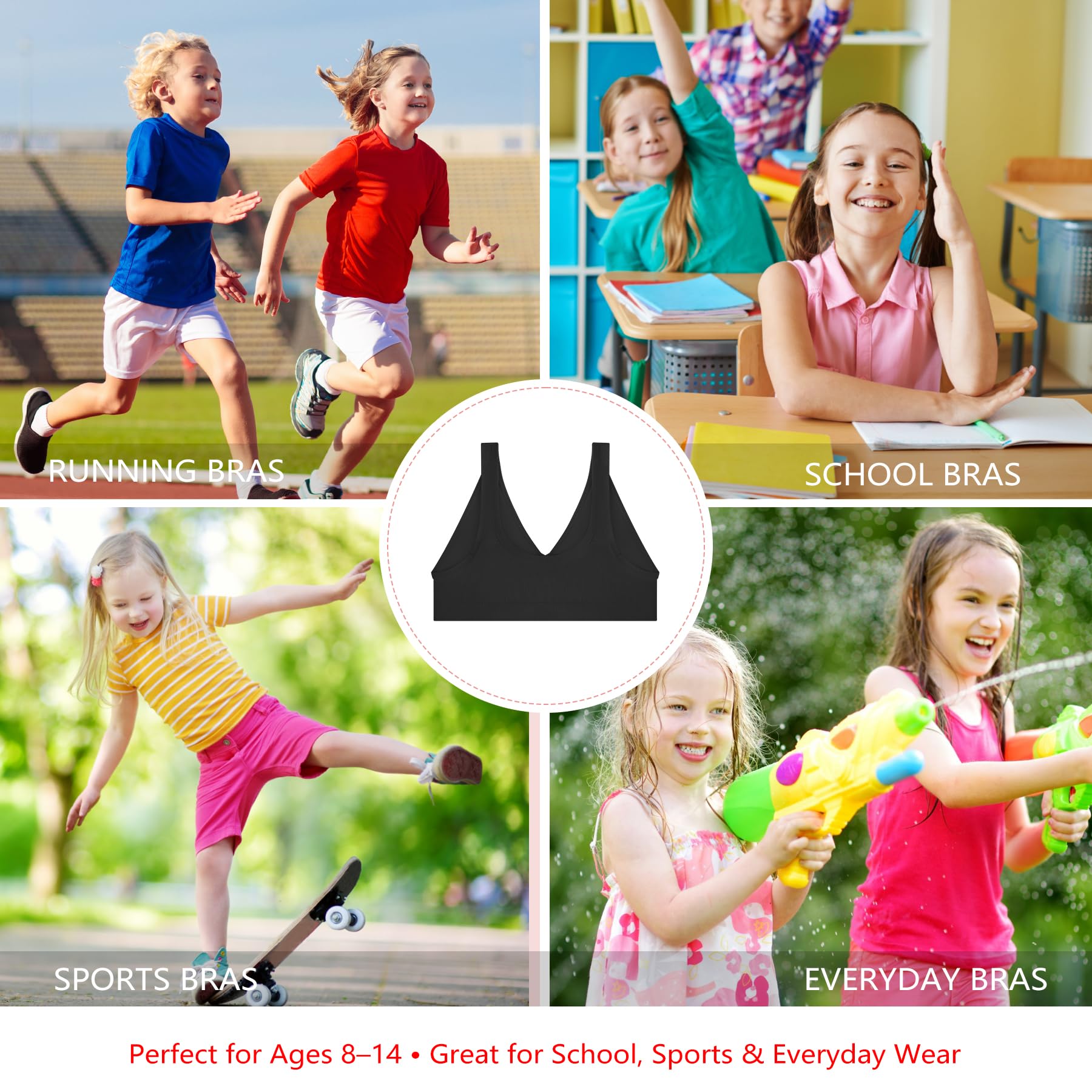 Sujetador Deportivo sin Costuras para Niñas Power Flower Pack de 6 con Almohadillas Extraíbles Multicolor 8-14 Años
