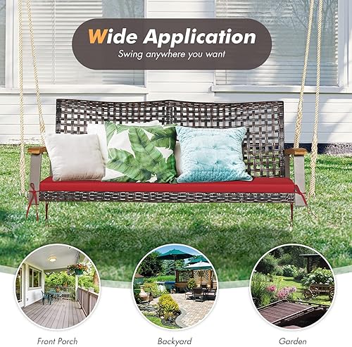 Miniatura 7 de Happygrill Silla oscilante de ratán para porche de 2 asientos, banco oscilante de mimbre para exteriores con cojín de asiento y reposabrazos de