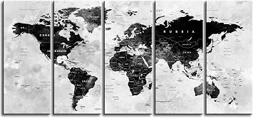BoxColors Original XLARGE 30"x 70" 5 Panels 30"x14" Ea Art Canvas Print Watercolor Map World Countries Cities Push Pin Travel Wall color Black White Gray decor Home interior framed 1.5" depth