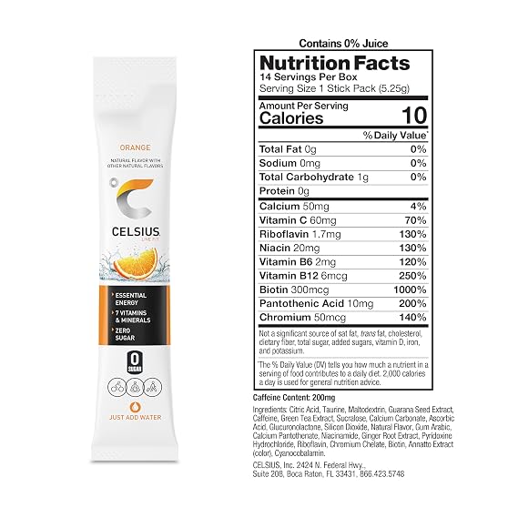CELSIUS On The Go Orange, Sugar Free Energy Drink Mix (14 Sticks per Pack)