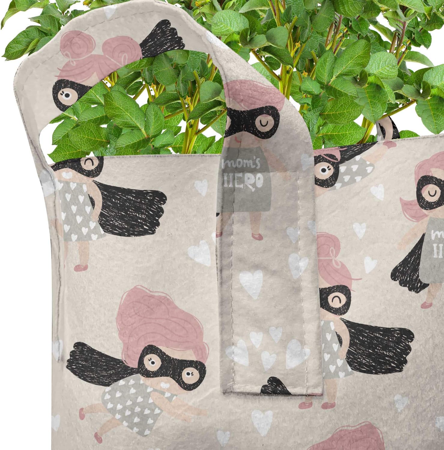 Lunarable Cartoon Grow Bags 5-Pack, Little Girl Hero with, Heavyduty Fabric Pots with Handles for Plants, Pale Peach Black