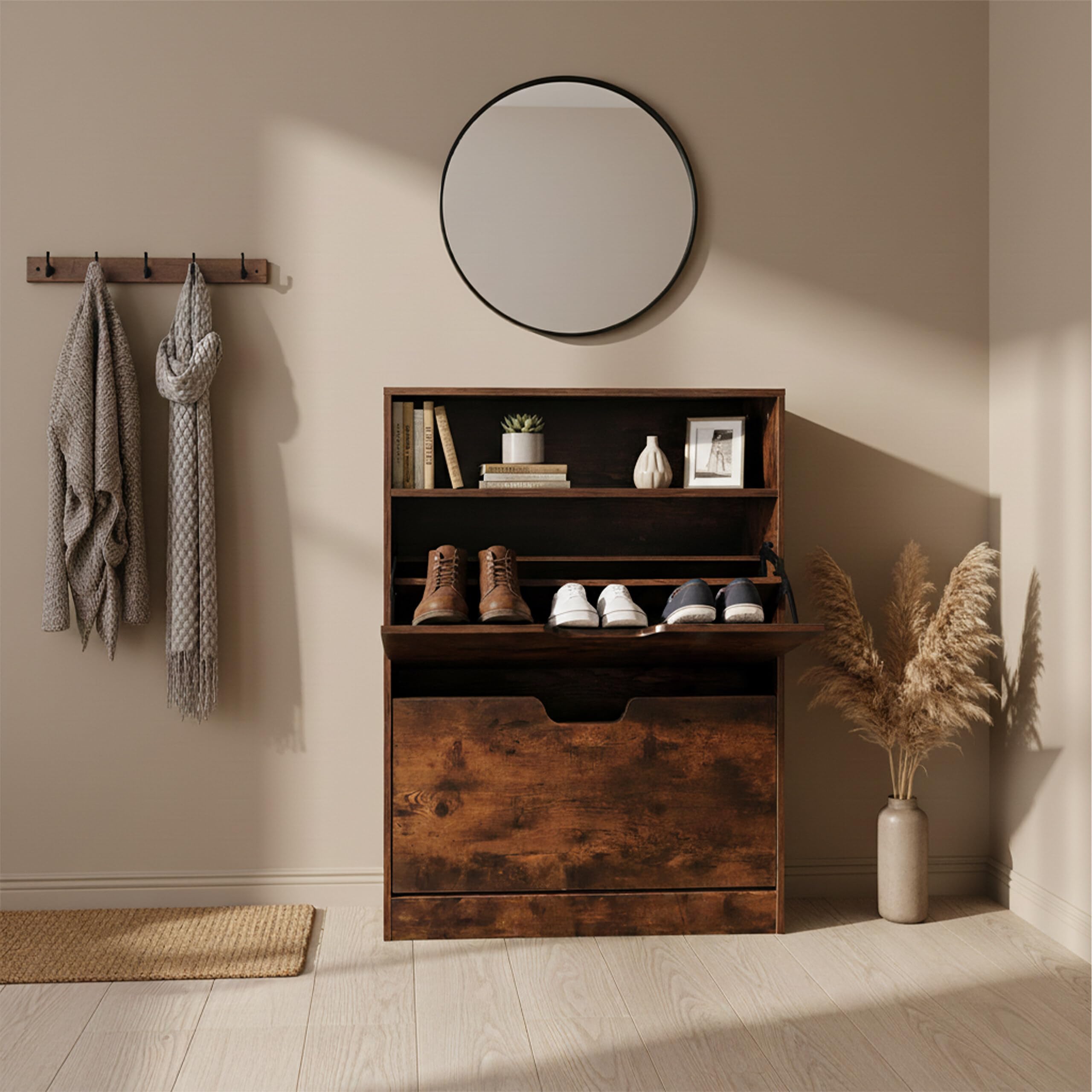 Relaxdays Scarpiera, HBT: 102x80x24 cm, 12 Paia, 2 ribalte, Ingresso, Stretta, Moderna, Marrone