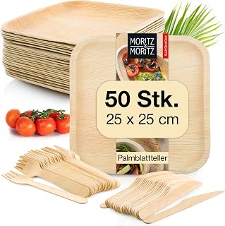 Moritz & Moritz Nachhaltiges Palmblatt Geschirrset für 50 Personen - 50 Teller Einweg 25 x 25 cm - 50 Holzbesteck Einweg - Alternative zu Bambusteller und Bambus Geschirrset