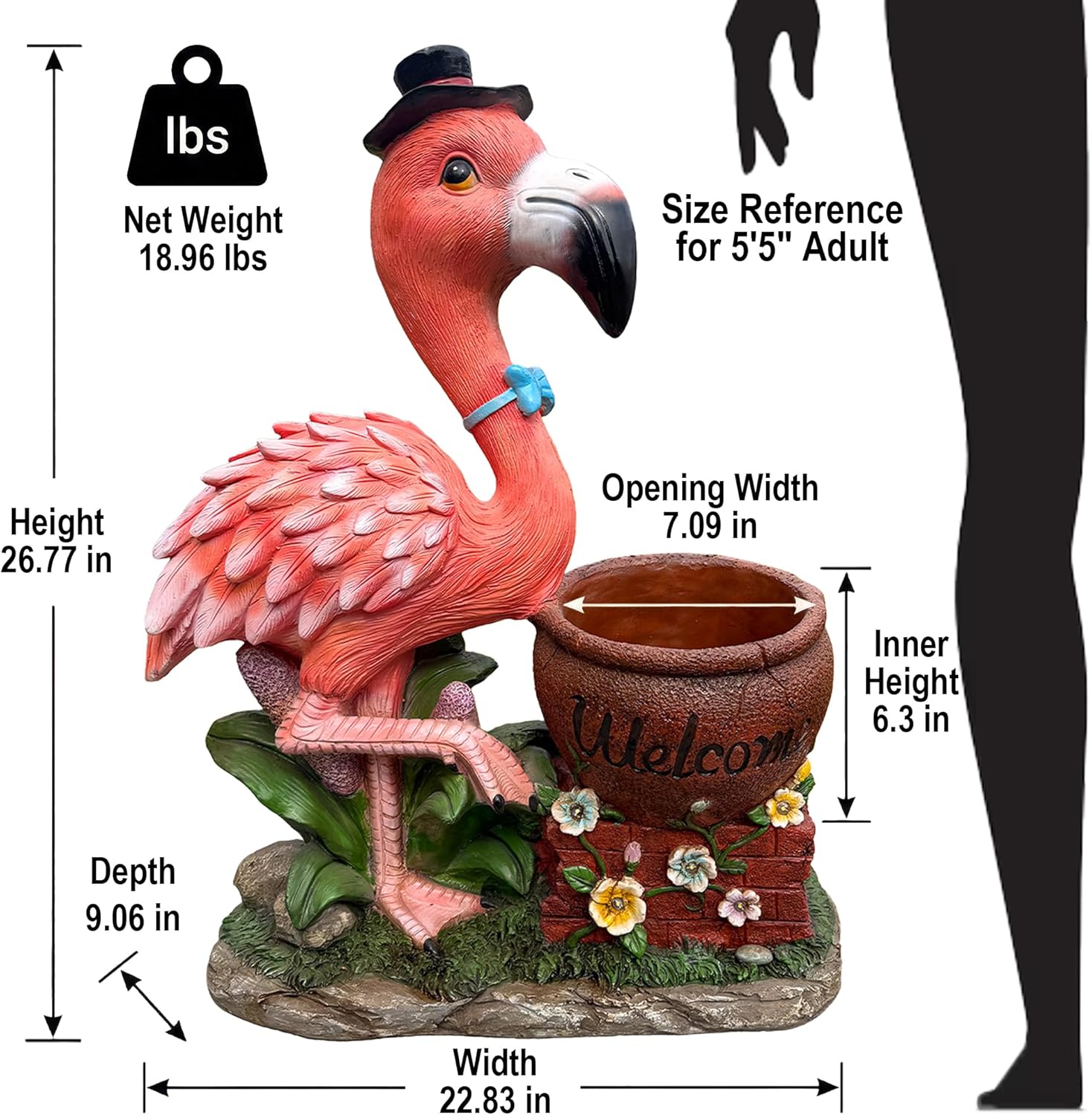 Flamingo Planter, Outdoor Welcome Sign Animal Flower Pot, Large Standing Bird Statue Yard Art Decor for Garden Patio and Front Porch - Top Hat