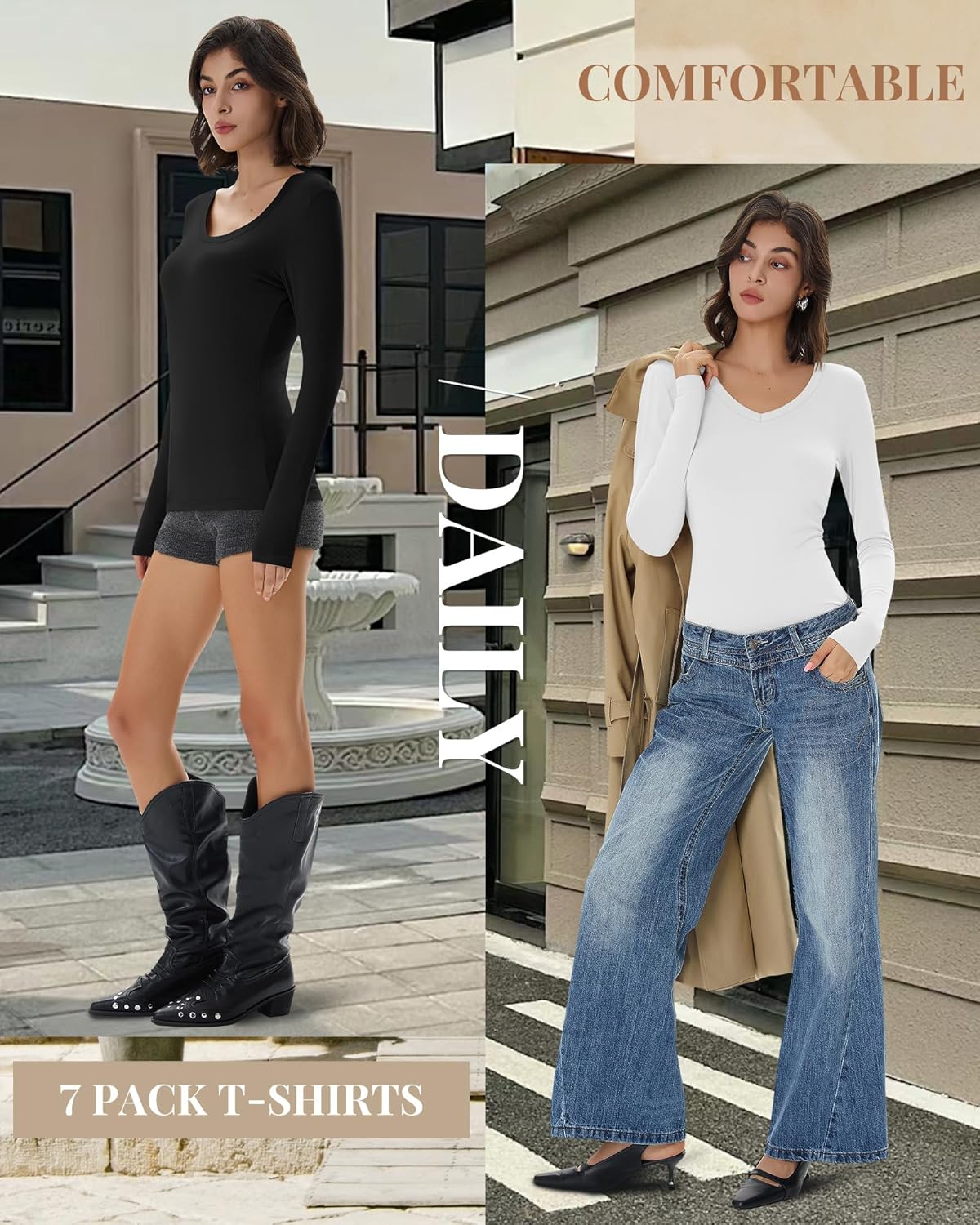 7 Pack Women's V Neck T Shirts Long Sleeve Tee Shirts Slim Casual Multi Pack Fitted Fall Going Out Basic Tops - Image 6