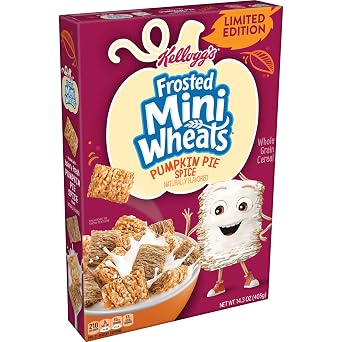 Kelloggs Frosted Mini Wheats Breakfast Cereal, Fiber Cereal, Kids Snacks, Pumpkin Pie Spice, 14.3oz Box 1 Box