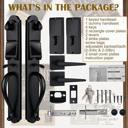 Miniatura 6 de Juego de manijas de doble puerta con cerradura para puerta delantera, llave electrónica y juego ficticio, acabado negro mate