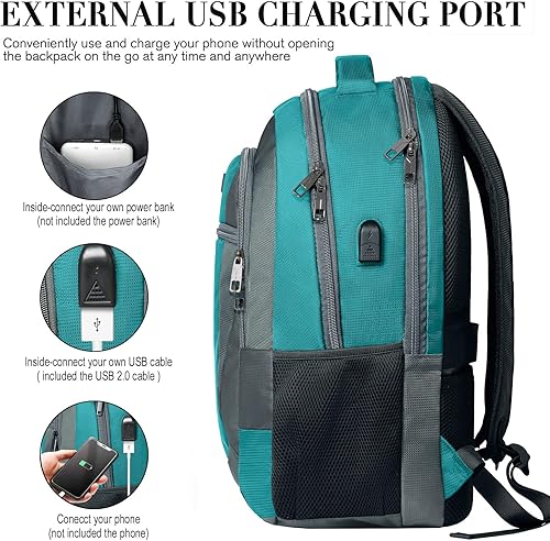 Miniatura 4 de BIKROD Mochila verde azulado para mujeres y hombres, mochila escolar para laptop de viaje para adolescentes con carga USB, mochila universitaria