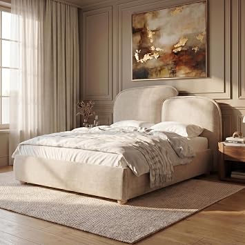 Blisswood Luxury King Size Bed Frame 5ft, Premium Soft Touch UKFR Upholstered Bed, Thick Puffed Curved Headboard, Ottoman Style Modern Low Platform King Bed Frame with Wooden Slats & Solid Legs, Beige