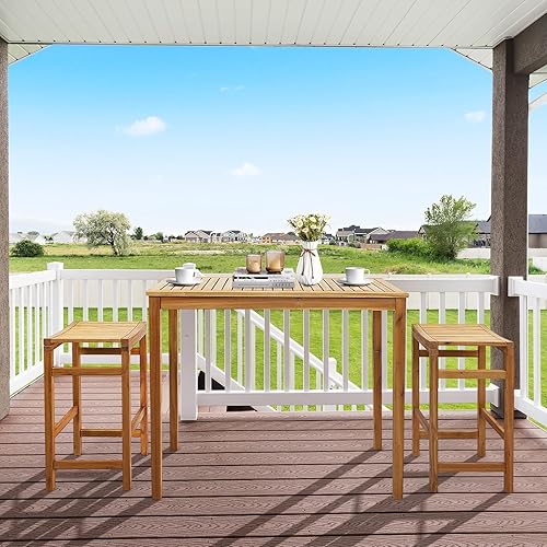 Miniatura 4 de Tangkula Mesa de bar de madera de acacia para exteriores, mesa rectangular de 45 pulgadas de altura de barra, mesa de comedor rústica con mesa de