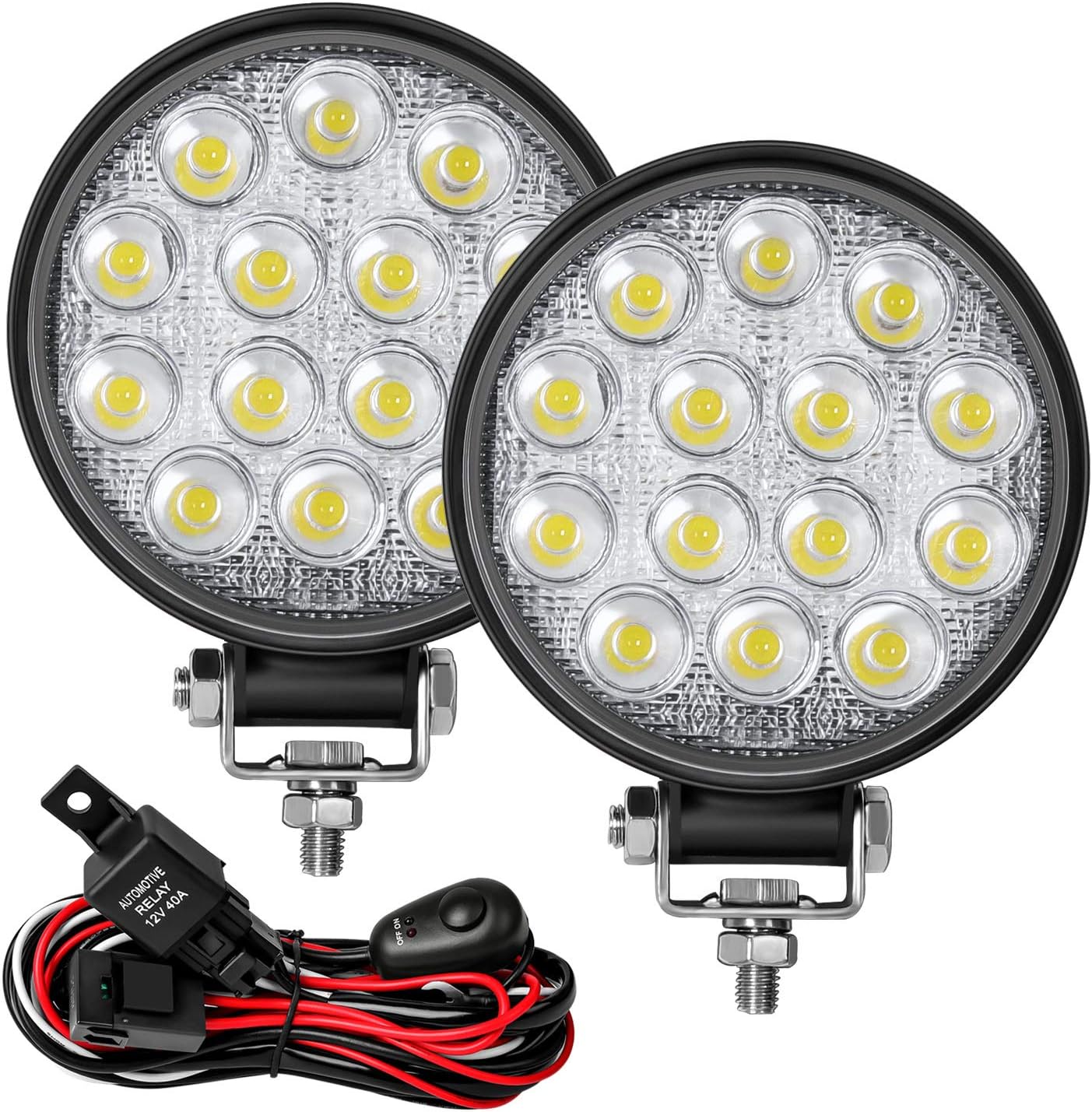 Zmoon Led Round Light Bar 2PCS 4.5" 140w 14000LM with Led Wring Harness(10ft /2 Lead), Flood Light Off Road Fog Driving Light Bar for Jeep,SUV,Truck,ATV,Boat