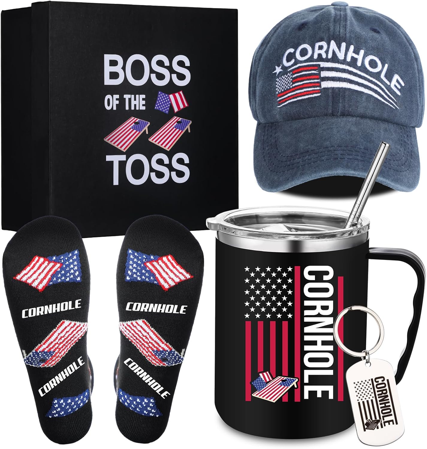 Geiserailie 5 Pcs Cornhole Gift Set for Boss of Toss Funny Cornhole Gifts Include Stainless Steel Insulated Tumbler Baseball Cap Socks Keychain with Gift Box for Office Employees Work from Home