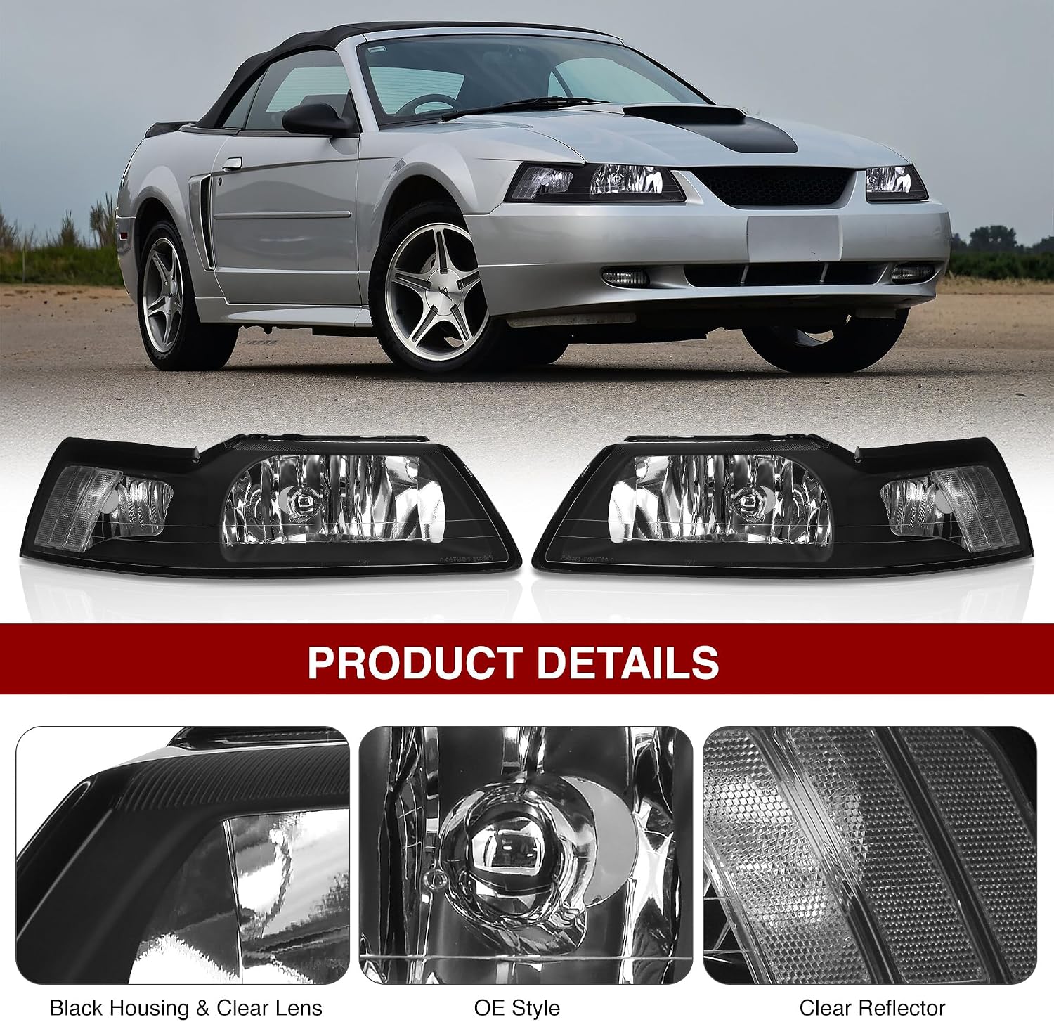 AJP Distributors Headlights Head Lights Driving Bumper Signal Lamps Assembly Pair Set Upgrade Compatible/Replacement for Mustang Base GT SVT Cobra SN95 1999 2000 2001 2002 2003 2004 99 00 01 02 03 04