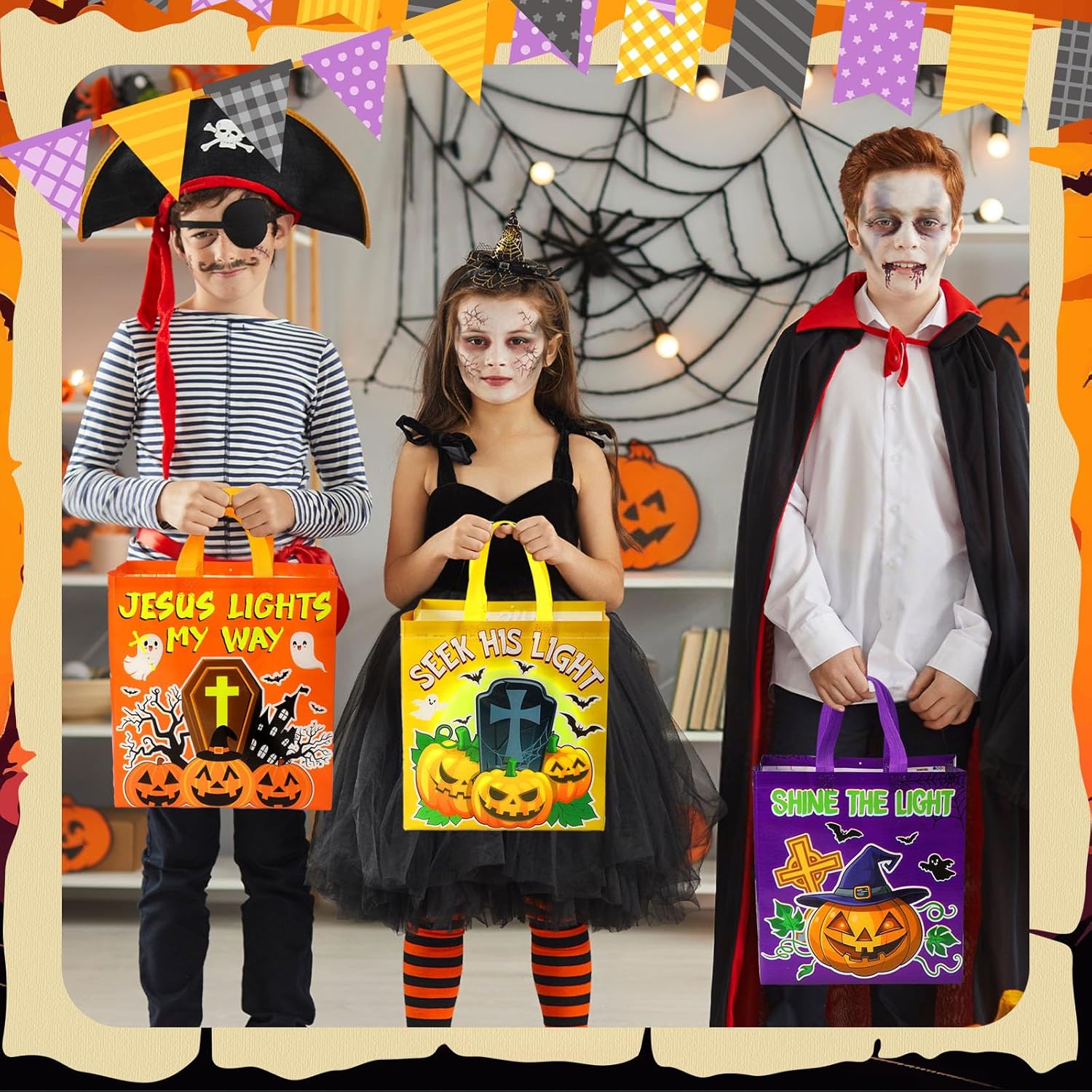 48 Pcs Christian Halloween Bags with Handles Non Woven Religious Pumpkin Halloween Tote Bags Bulk for Trick or Treat Jesus Church Party Favors Gift Supplies, 11.4 x 10.6 x 4.7 Inch - Image 7