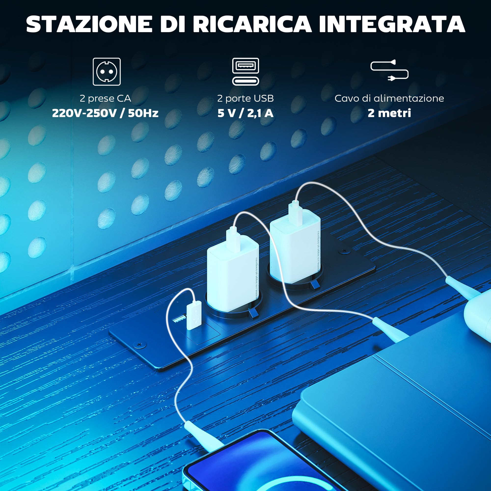 HOMCOM Scrivania Gaming ad L con Multipresa, Luci LED, 165x80 cm Scrivania PC con 2 Cassetti in Tessuto, 2 Scaffali Aperti, Tavolino Laterale e 2 Supporti per Monitor, in Truciolato e Acciaio, Nero
