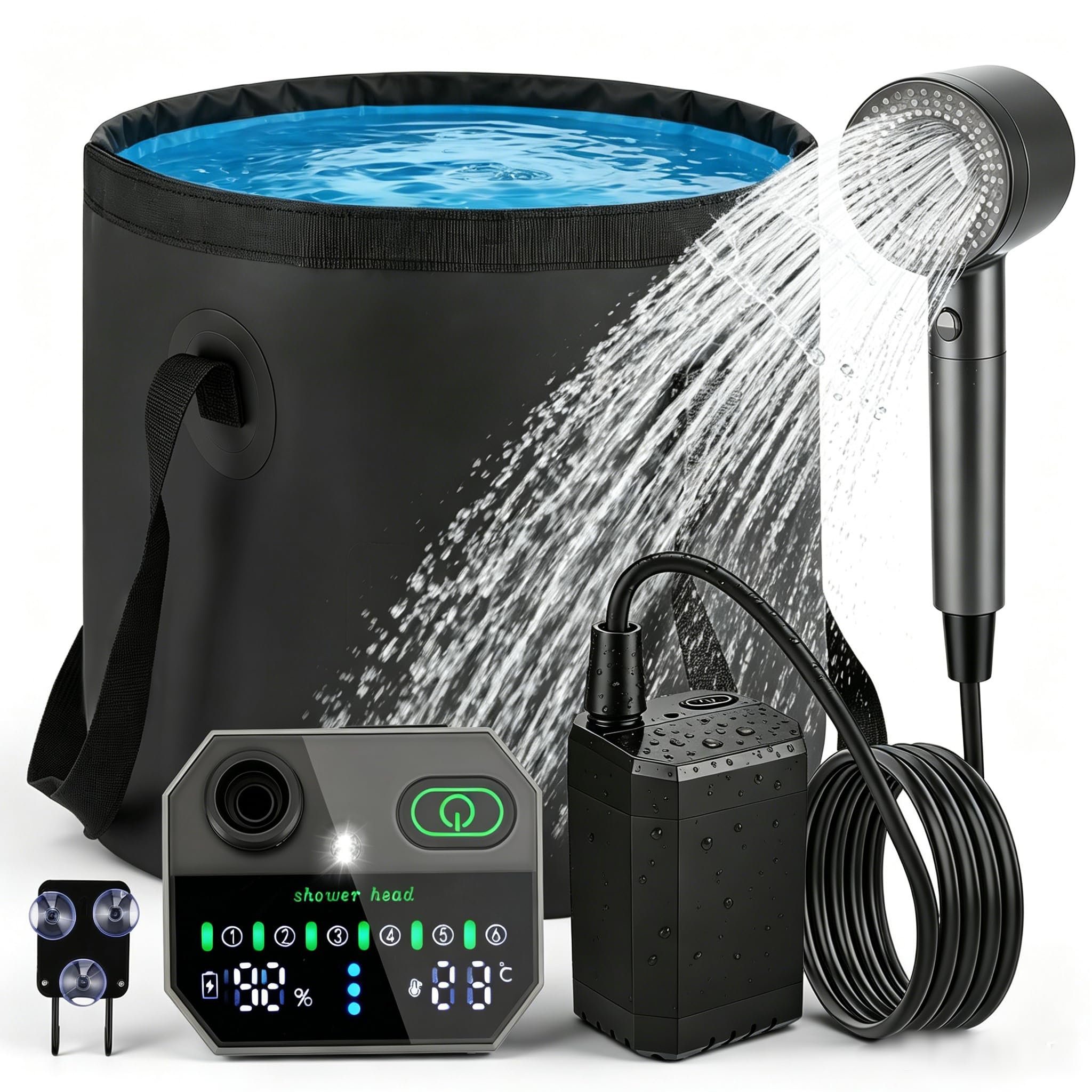Rechargeable Portable Camping Shower Set 12000mAh with Digital Display, 6 Adjustable Water Flow Spray Head & Foldable Bucket for RV Pet Washing Outdoor Camping Emergency