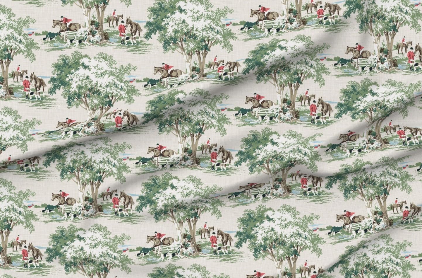 Spoonflower Fabric - Equestrian Toile Fox Hunting English Traditional Hunt Pony Horse Printed on Petal Cotton Fabric by The Yard - Sewing Quilting Apparel Crafts Decor