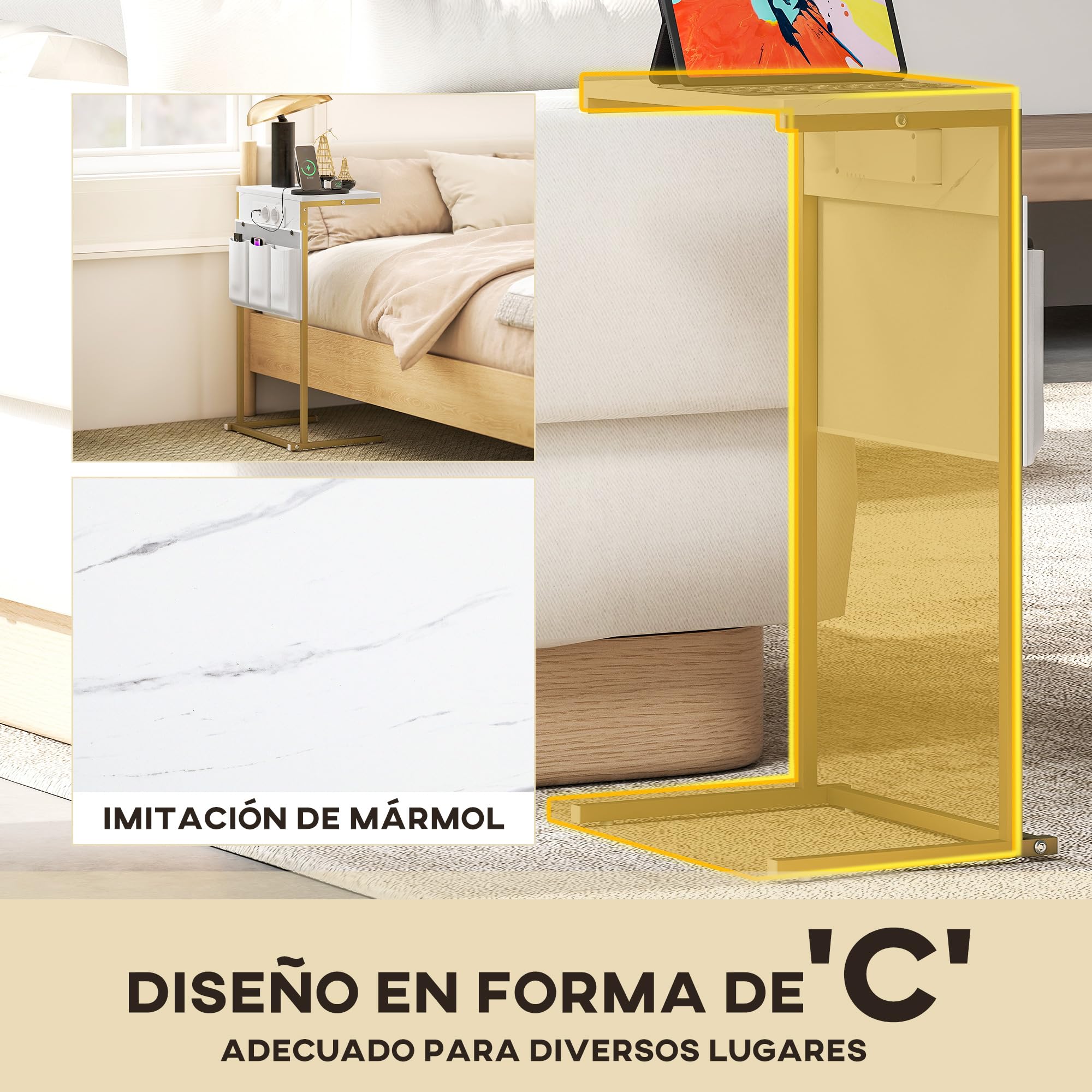 HOMCOM Mesa Auxiliar con Estación de Carga Mesa para Sofá con 2 Puertos USB 1 Puerto USB-C y Bolsillo Organizador Mesita Auxiliar para Salón Dormitorio Blanco