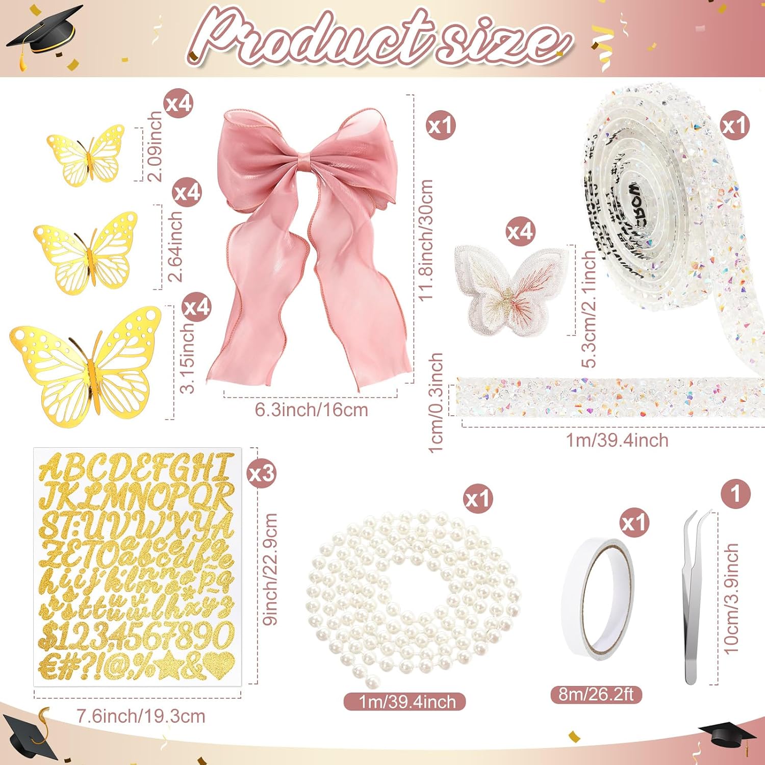 Wavwavw 58 Pcs DIY Graduation Cap Decorations Kit Grad Cap Decor Included Faux Flowers Bow Mesh 3D Butterfly Stickers, Adhesive Rhinestones, Glitter Letter Stickers, for 2026 Grad Party(Rose Pink)