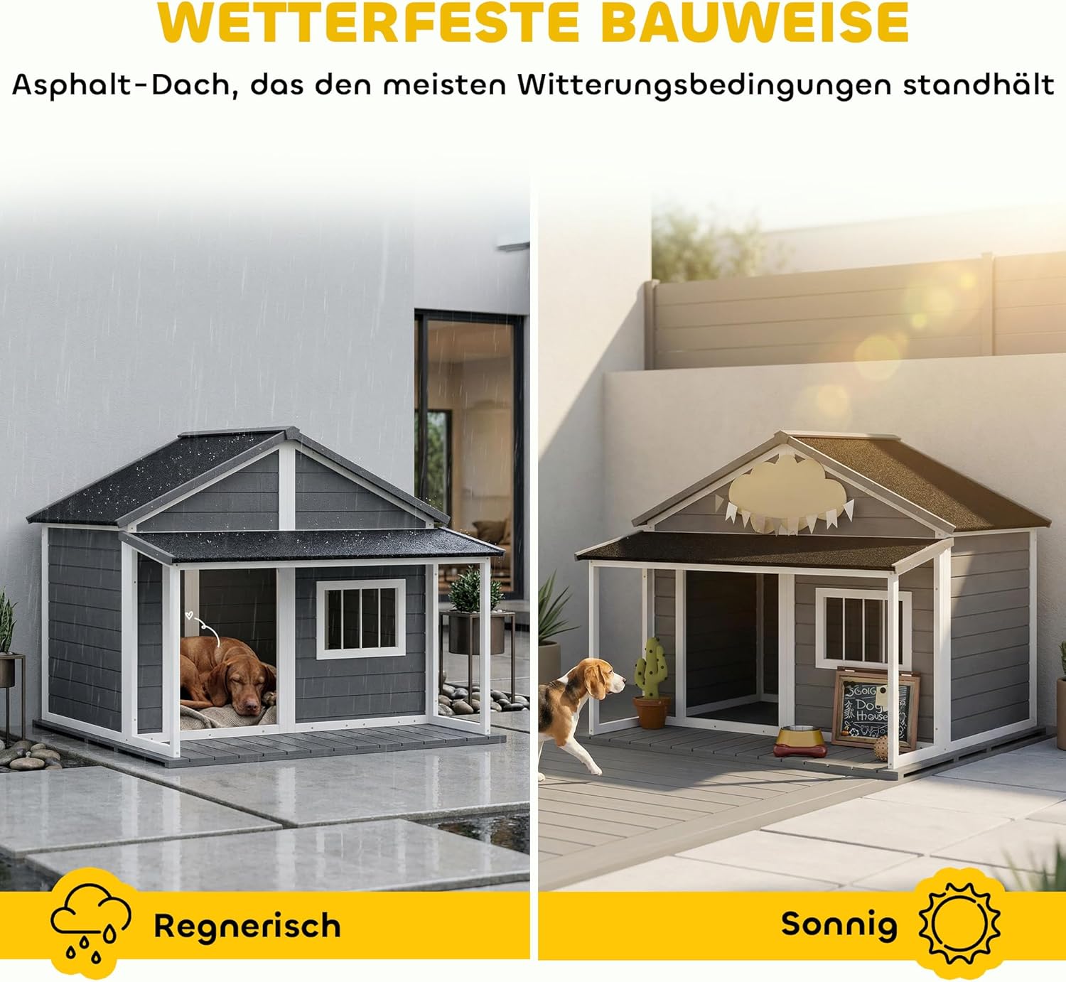 Two images side-by-side. One shows the dog house in rainy weather, the other in sunny weather, demonstrating its weatherproof asphalt roof and suitability for various conditions.