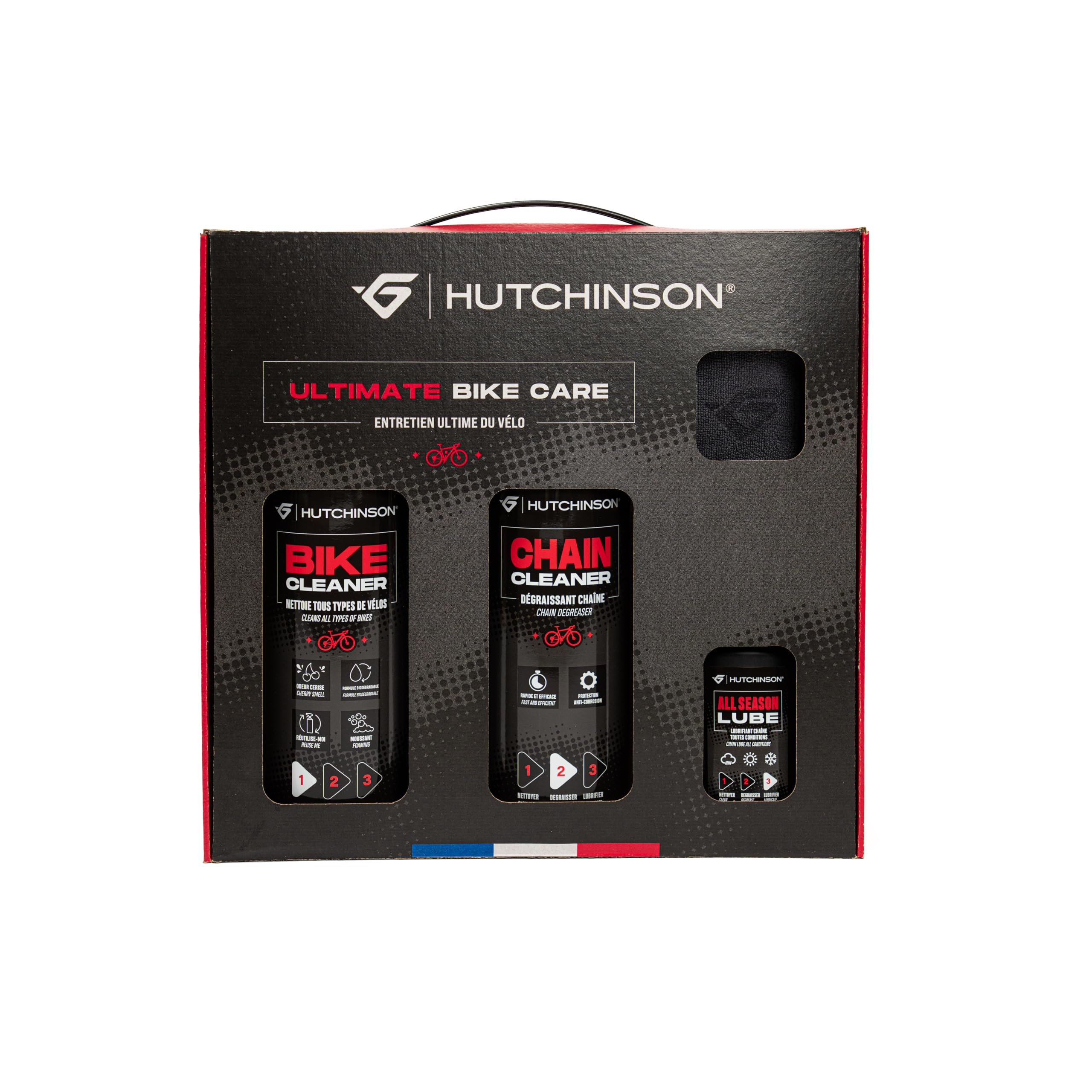 HUTCHINSON - ULTIMATE BIKE CARE - Pack Complet Entretien Vélo 4-​en-​1 | Nettoyant, Dégraissant, Lubrifiant Toutes Conditions, Microfibre | Fabriqué en France | Format économique.