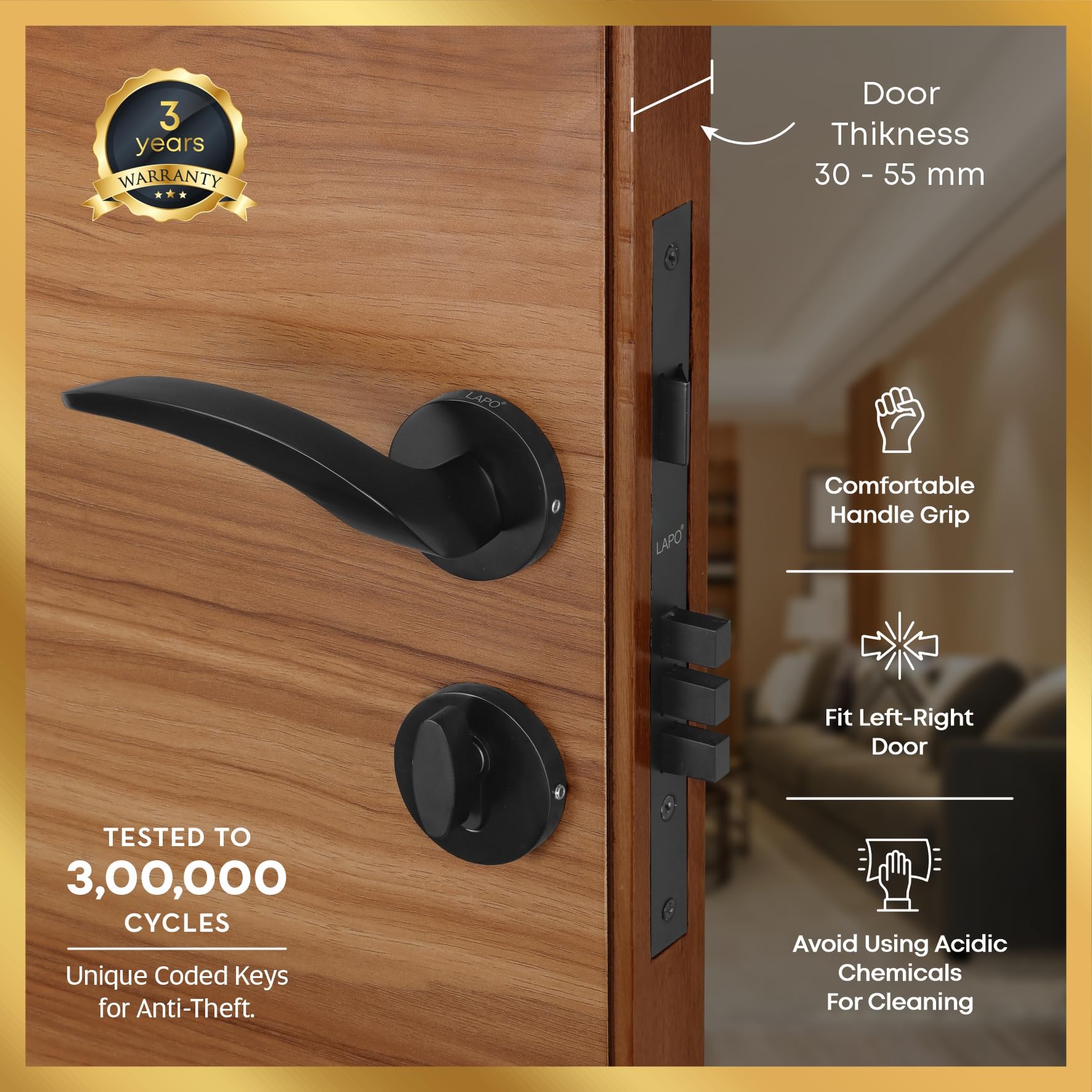 Lapo Premium Full 100% Brass Mortise Door Lock, Door Locks For Bedroom, Door Lock Handles Set With Lock Body, Main Door Locks For Home,Hotel,Office | Black Finish | 3 Years Warranty Ro-115