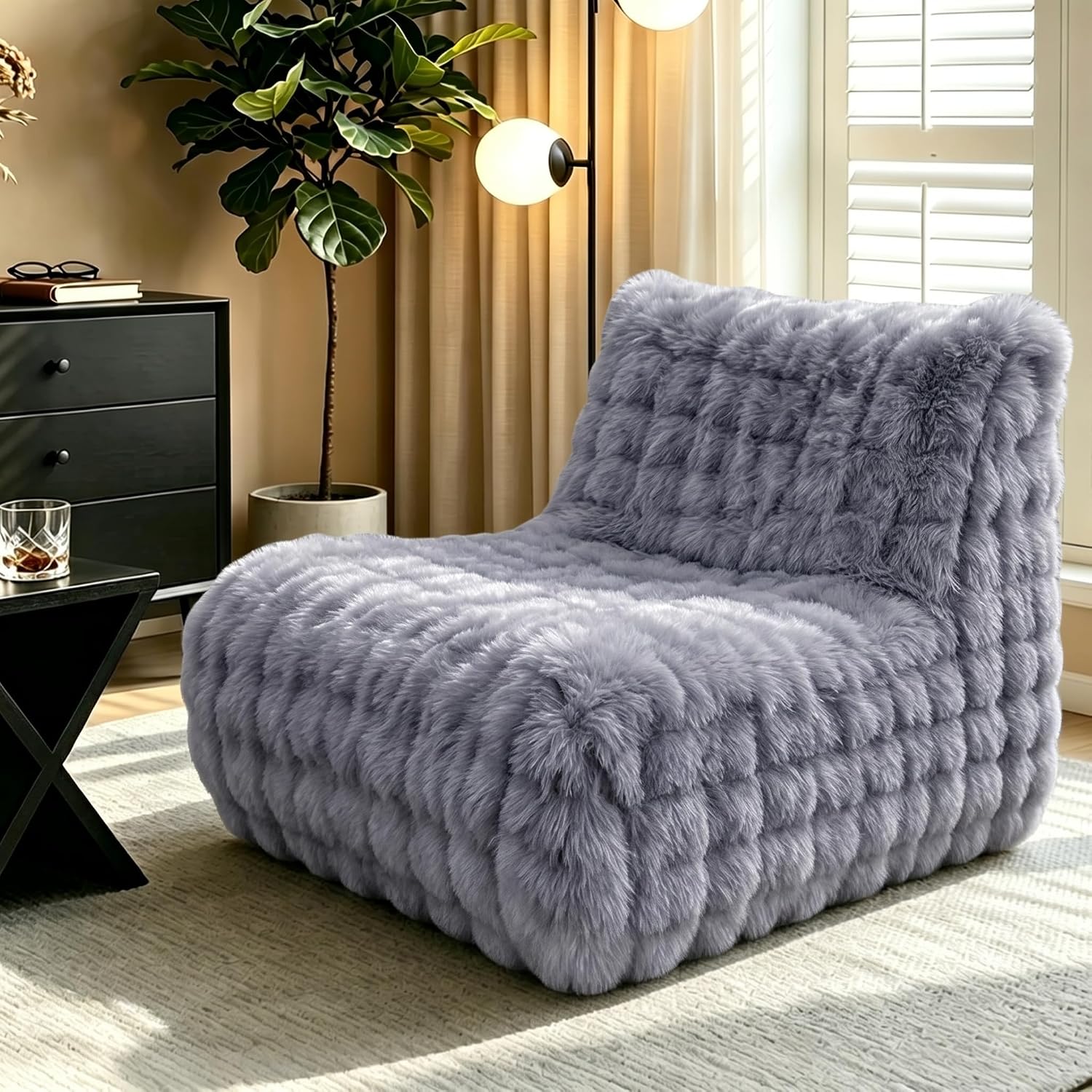 Memory Foam Faux Fur Bean Bag Chair, Light Grey
