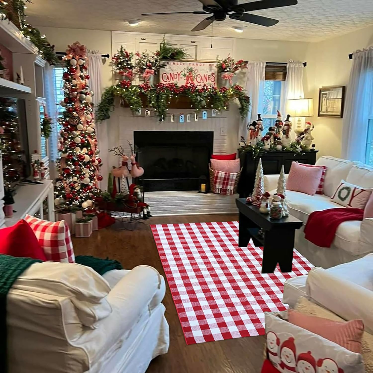 Red and White Plaid Rug Christmas Outdoor Front Door Mat Cotton Hand-Woven Washable Rug for Layered Door Mats Carpet for Farmhouse, Porch, Entryway, Living Room (Red and White, 4'x6')