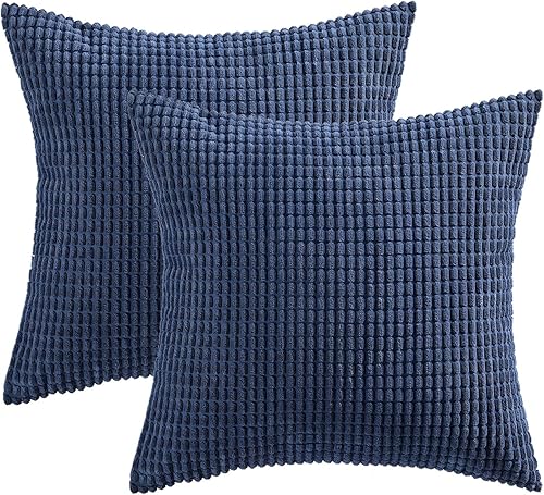 Miniatura 2 de Juego de 2 fundas de almohada decorativas de color azul marino, fundas de cojín de pana estilo bohemio a rayas para sofá, sala de estar, 20 x 20
