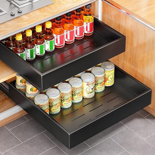 Pull out Cabinet Organizer, 21"Deep, Slide out Drawers for Kitchen Cabinets, Under Sink Pull-Out Home Organizers with Adhesive Nano Film Fixed, Sliding Cabinet for Bathroom, Pantry Storage Shelves