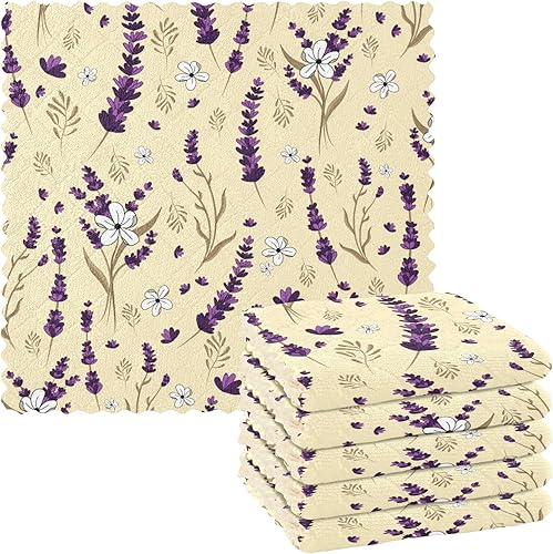 Purple Lavender Cotton Print Microfiber Dish Towel Quick Dry Set of 6 Tea Cup Kitchen Towels for Countertop Sink